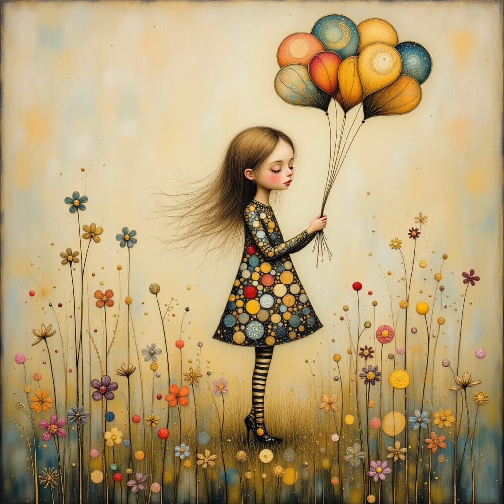 Surreal Girl Blows Balloon in Dreamlike Landscape