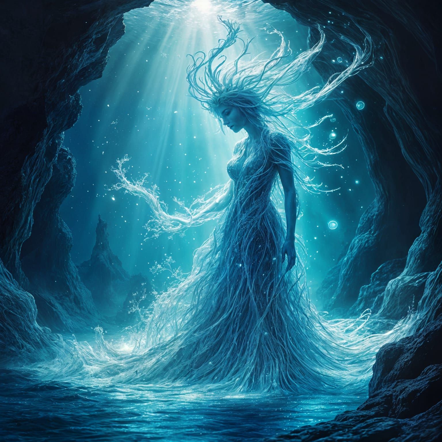 Ethereal Water Spirit in Mystical Grotto