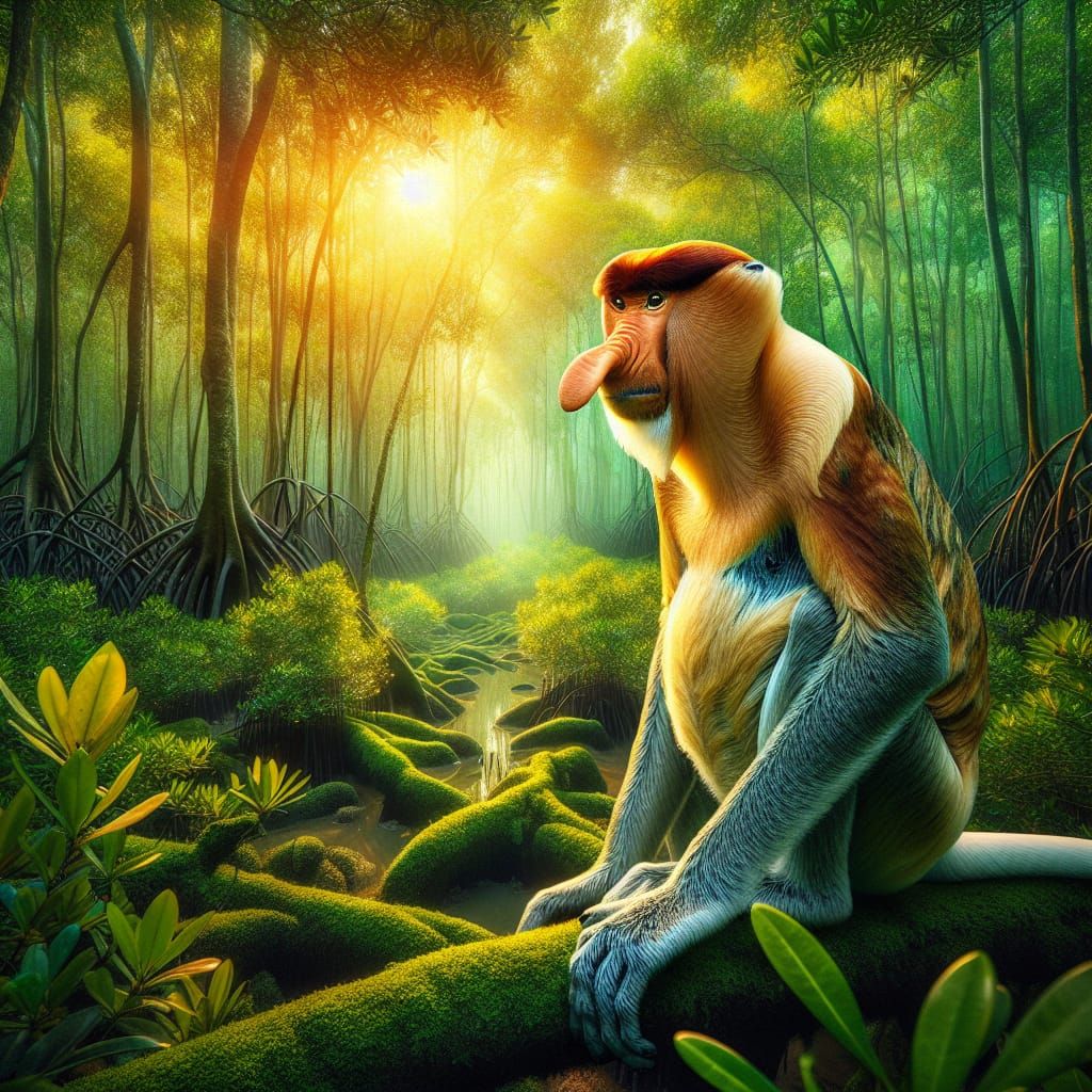 Endangered Proboscis Monkey in Lush Mangrove Forest