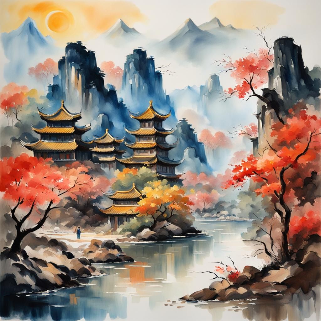 Chinese Landscape in Gouache Watercolor Style