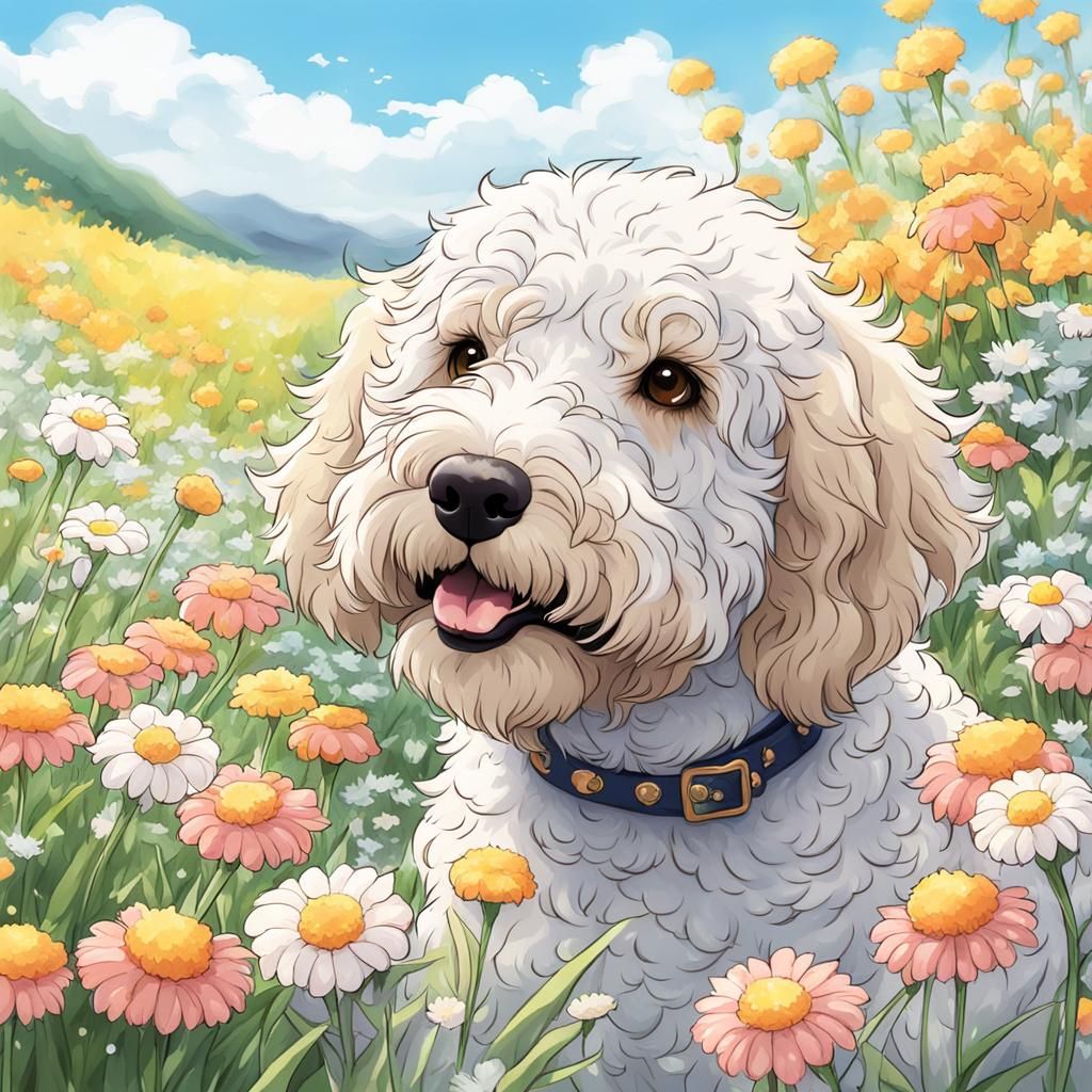 A cute labradoodle sniffing flowers