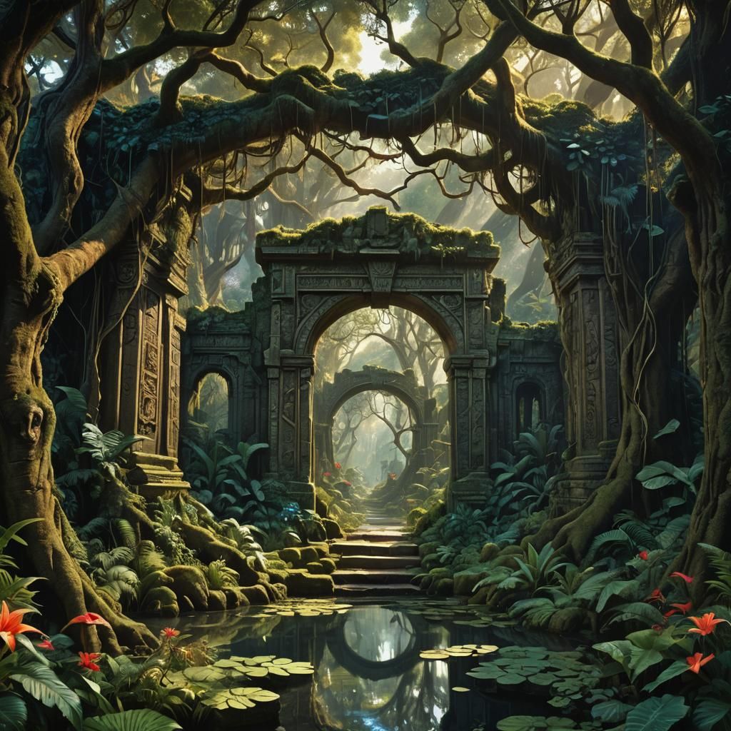 Lush Forest Portal with Roaming Mastodons