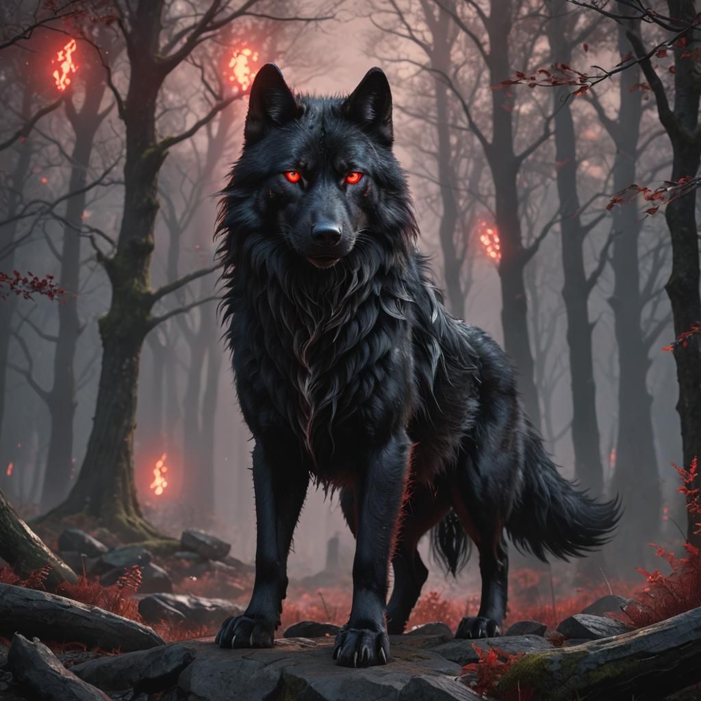 Menacing Black Wolf with Glowing Red Eyes