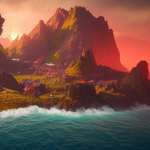 Fantastical Rocky Volcano Island in Detailed Matte Painting