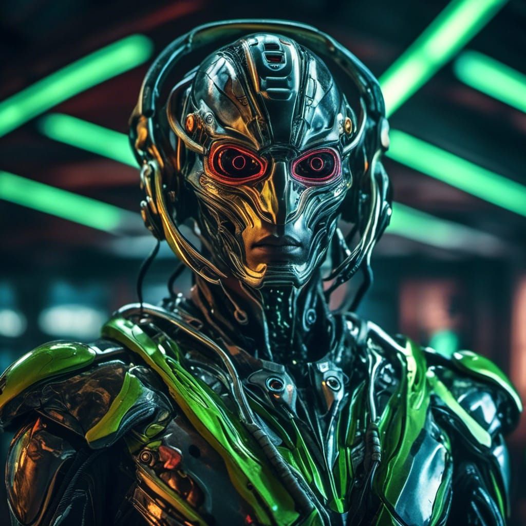 Cyberpunk Cyborg Portrait in High-Tech Lab