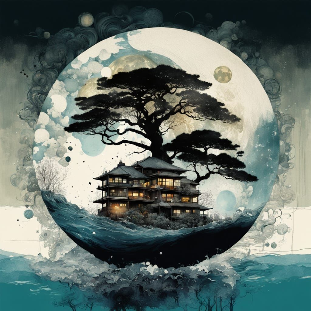 Ocean Wave Double Exposure in Japanese Sumi-e Style