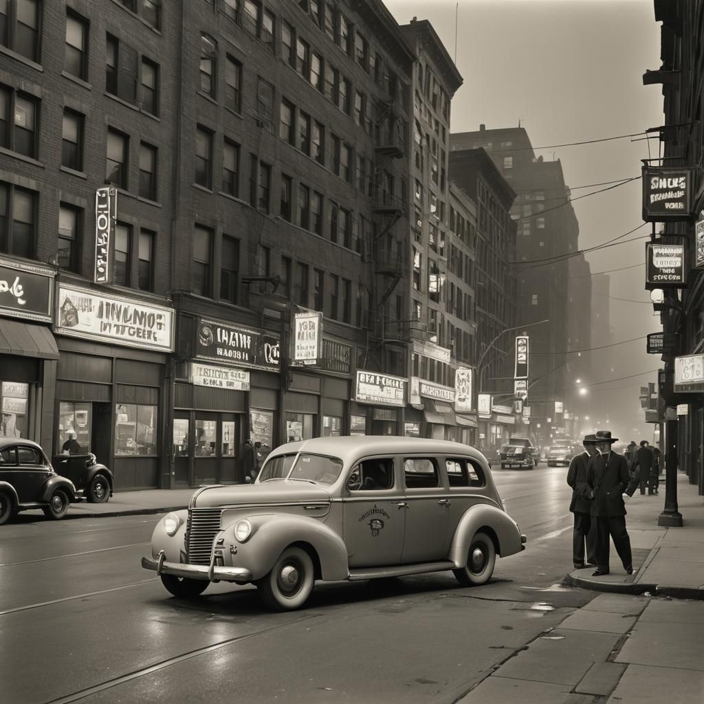 1940 Plymouth on Neon Lit City Street