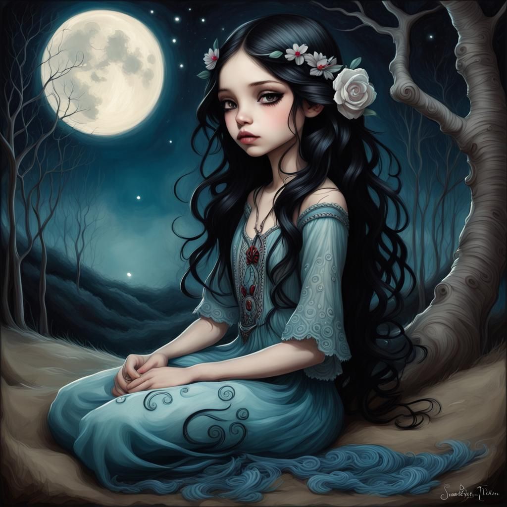 Moonlit Gypsy Girl Portrait in Whimsical Gothic Style