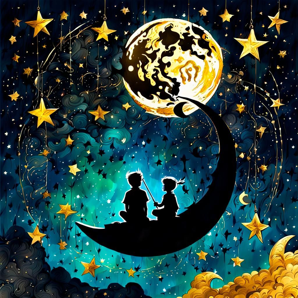 ink splatter Cartoon Peter Pan sits on shining gold partial ...