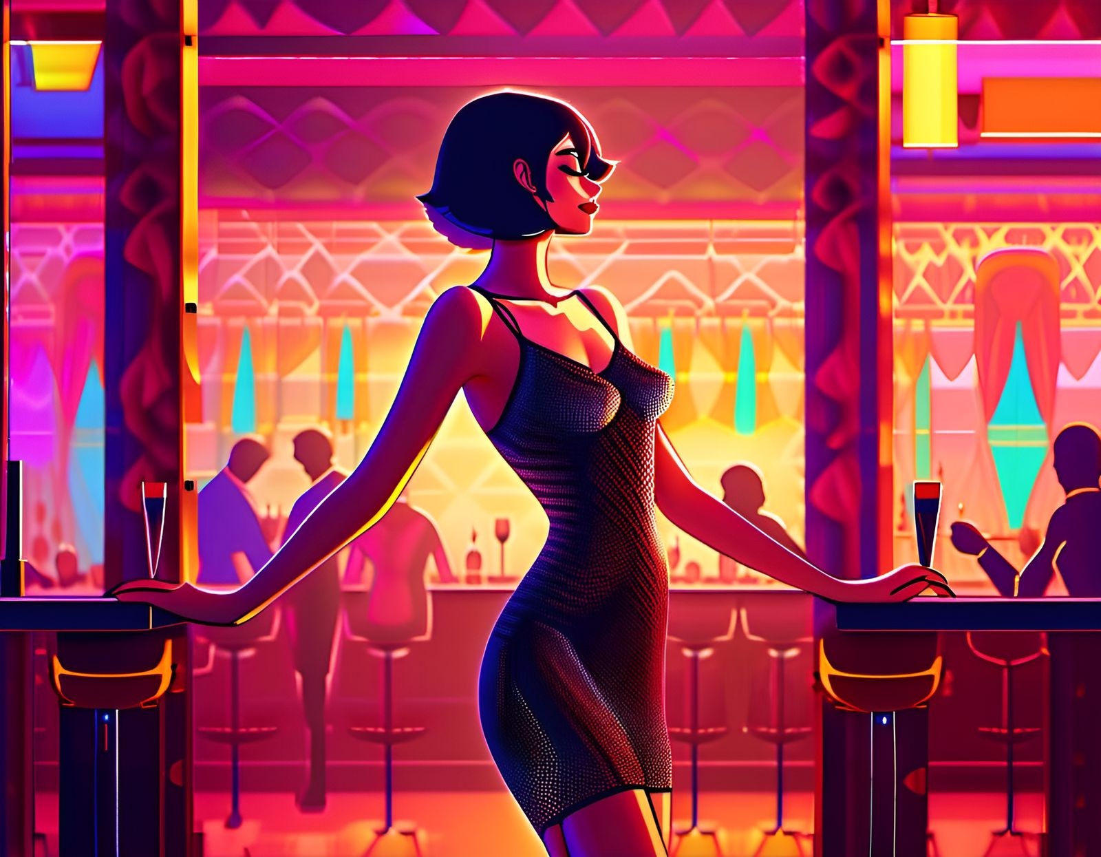 Smiling Woman Dances in Elegant Jazz Bar