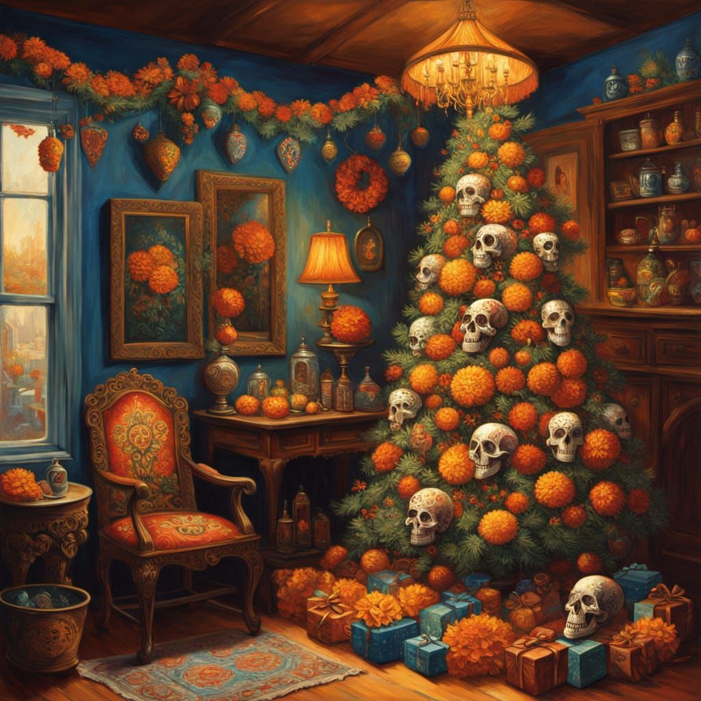 Day of the Dead Christmas Tree Oil Painting