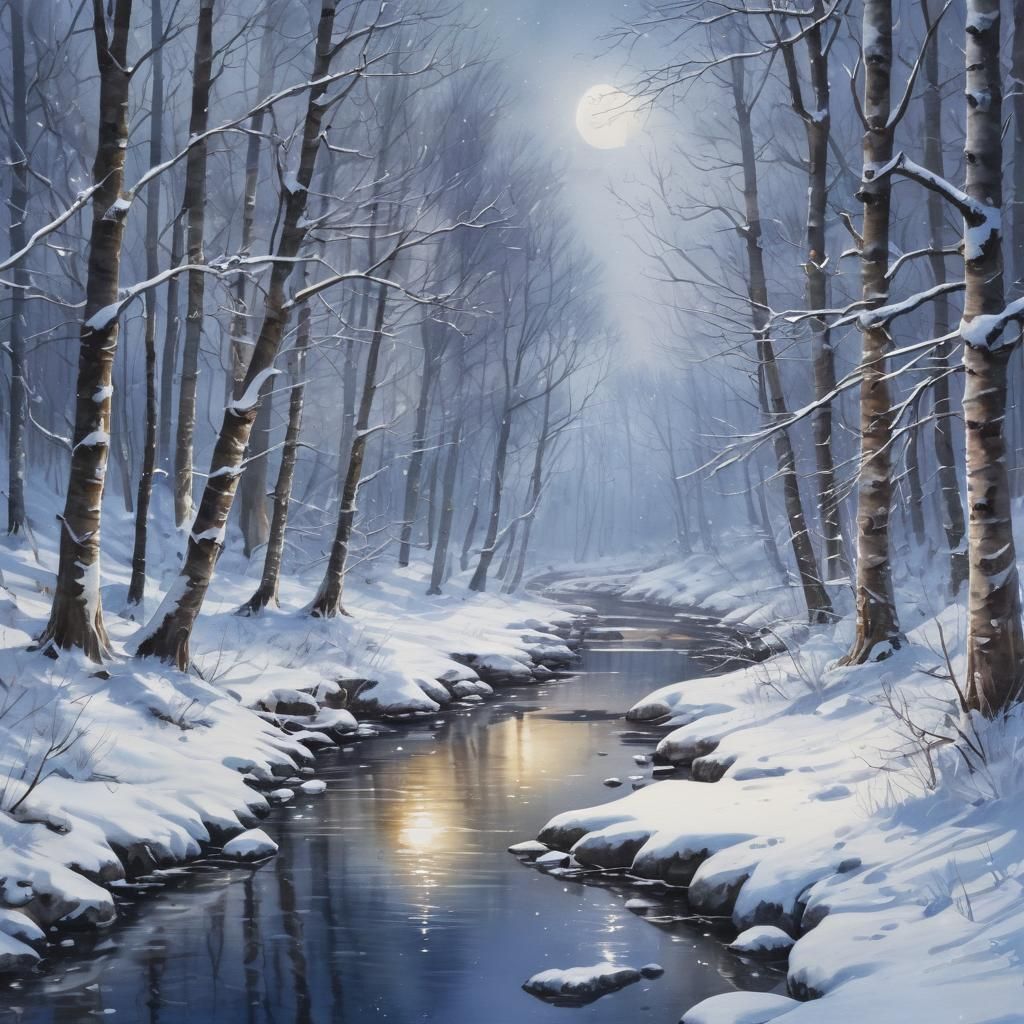 Magical Winter Forest Creek in Watercolour