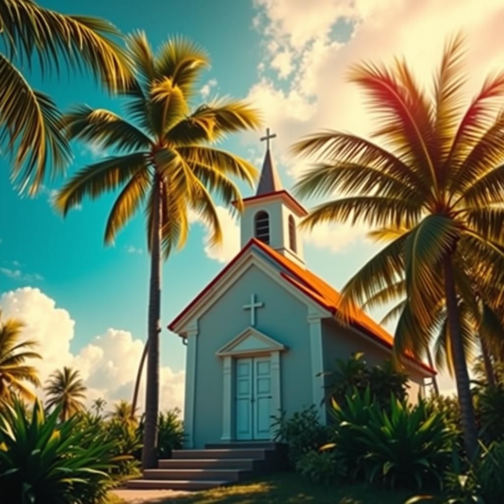 Guam Church Among Palm Trees in Hyperrealistic Splash Art