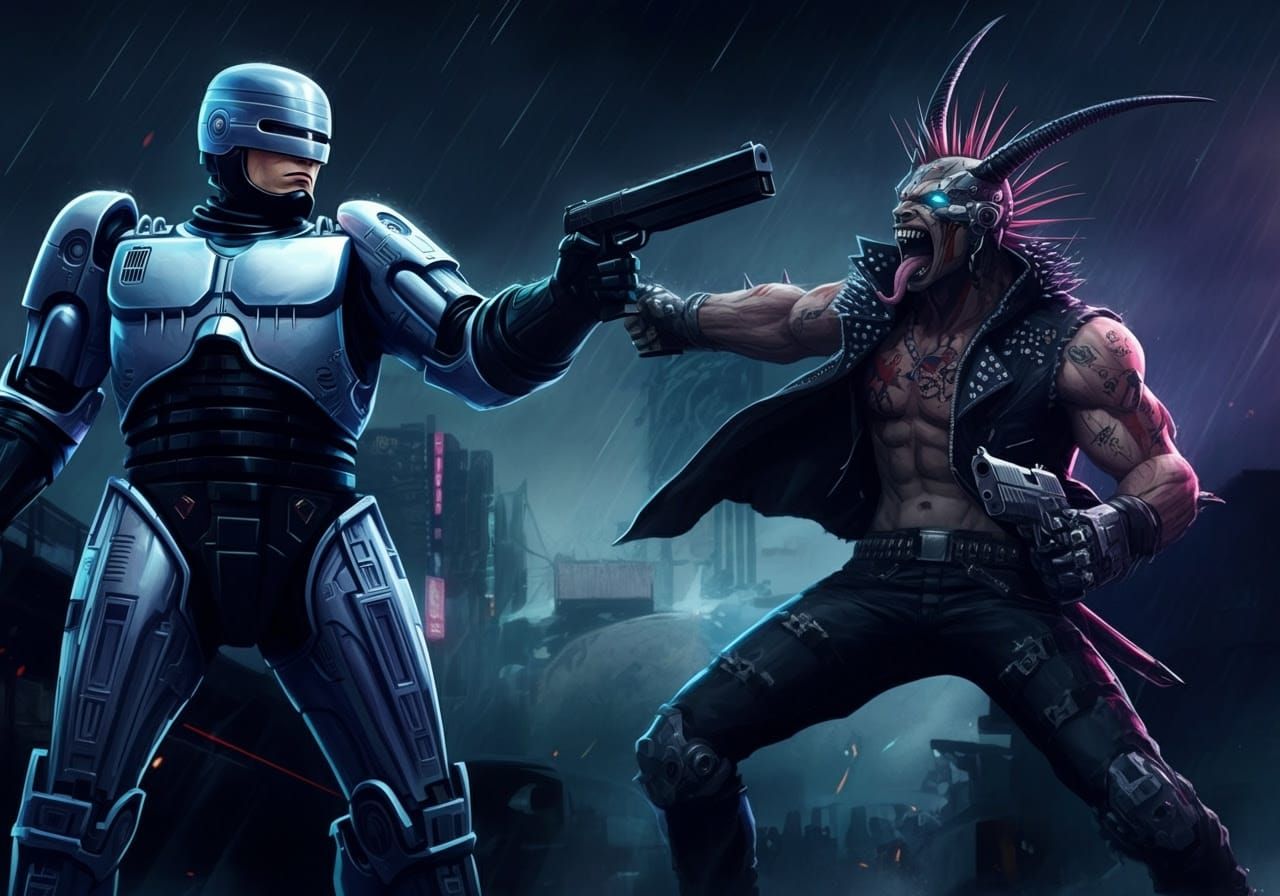 RoboCop in a confrontation with Lusuffer, the leader of an a...