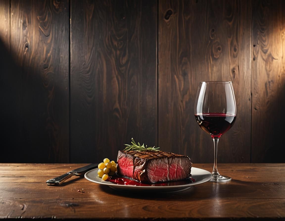 Juicy Steak and Red Wine: Hyperrealistic Concept Art