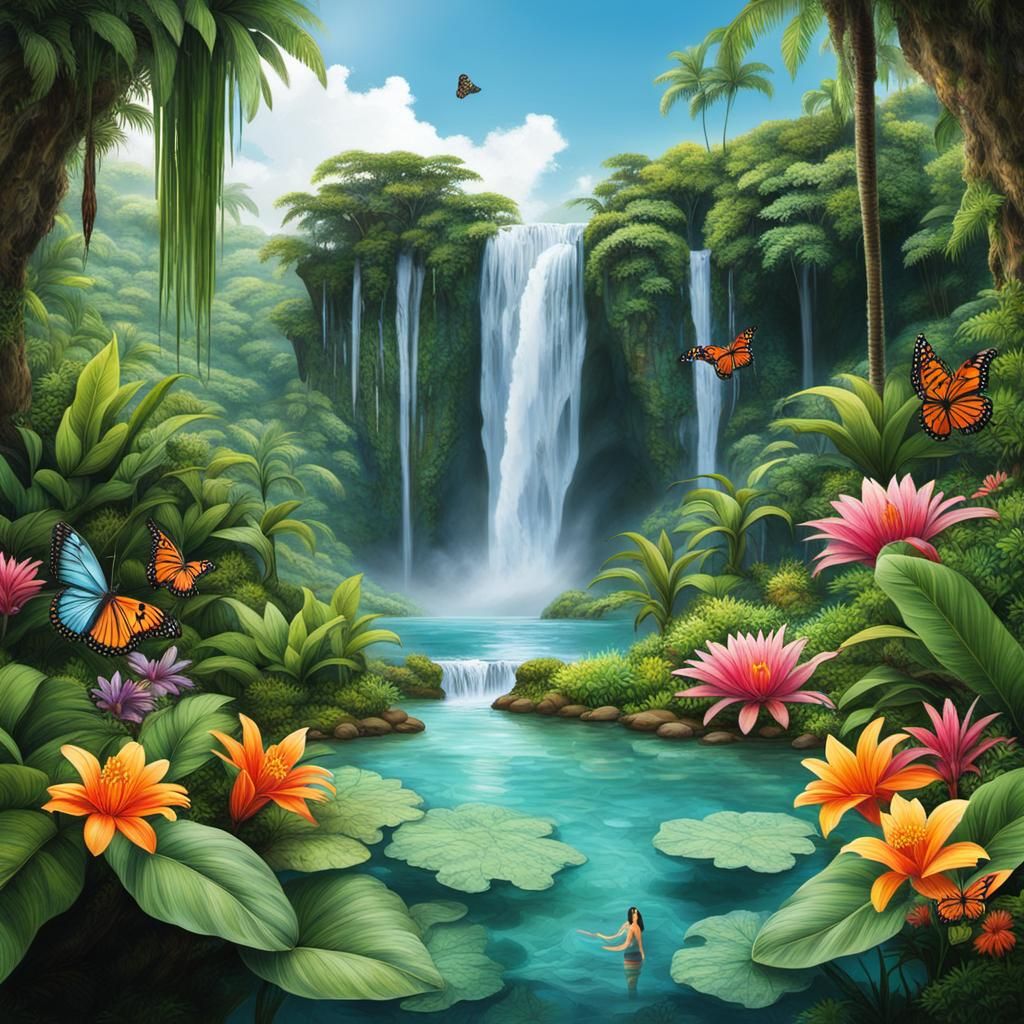 Tropical Paradise Waterfall Oasis