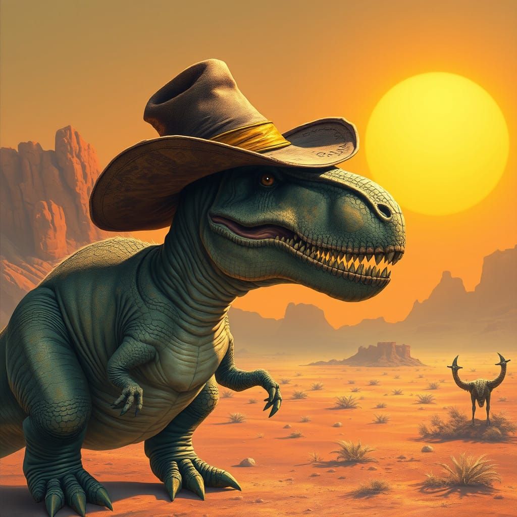 Tyrannosaurus Tex in a Futuristic Western Landscape