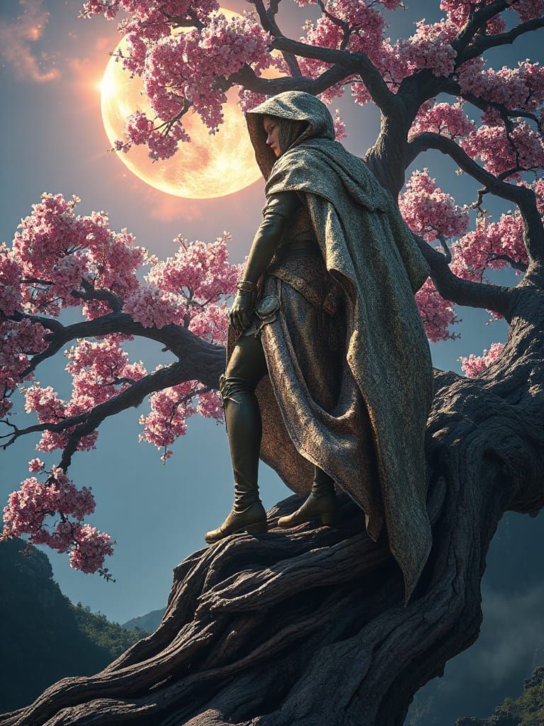 Sorceress on Ancient Sakura Tree Viewing Nebula in Concept A...