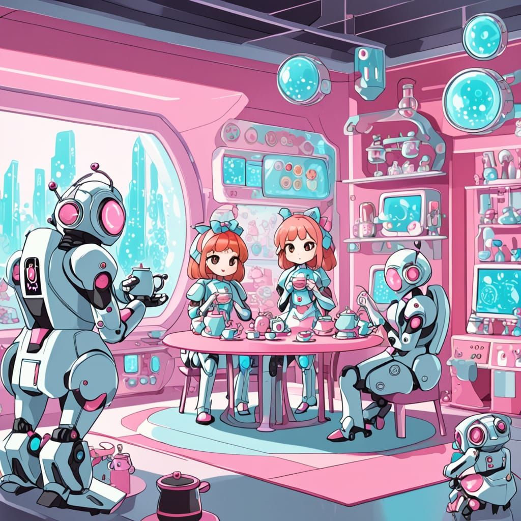 Kawaii Androids Host Tea Party in Futuristic Lab