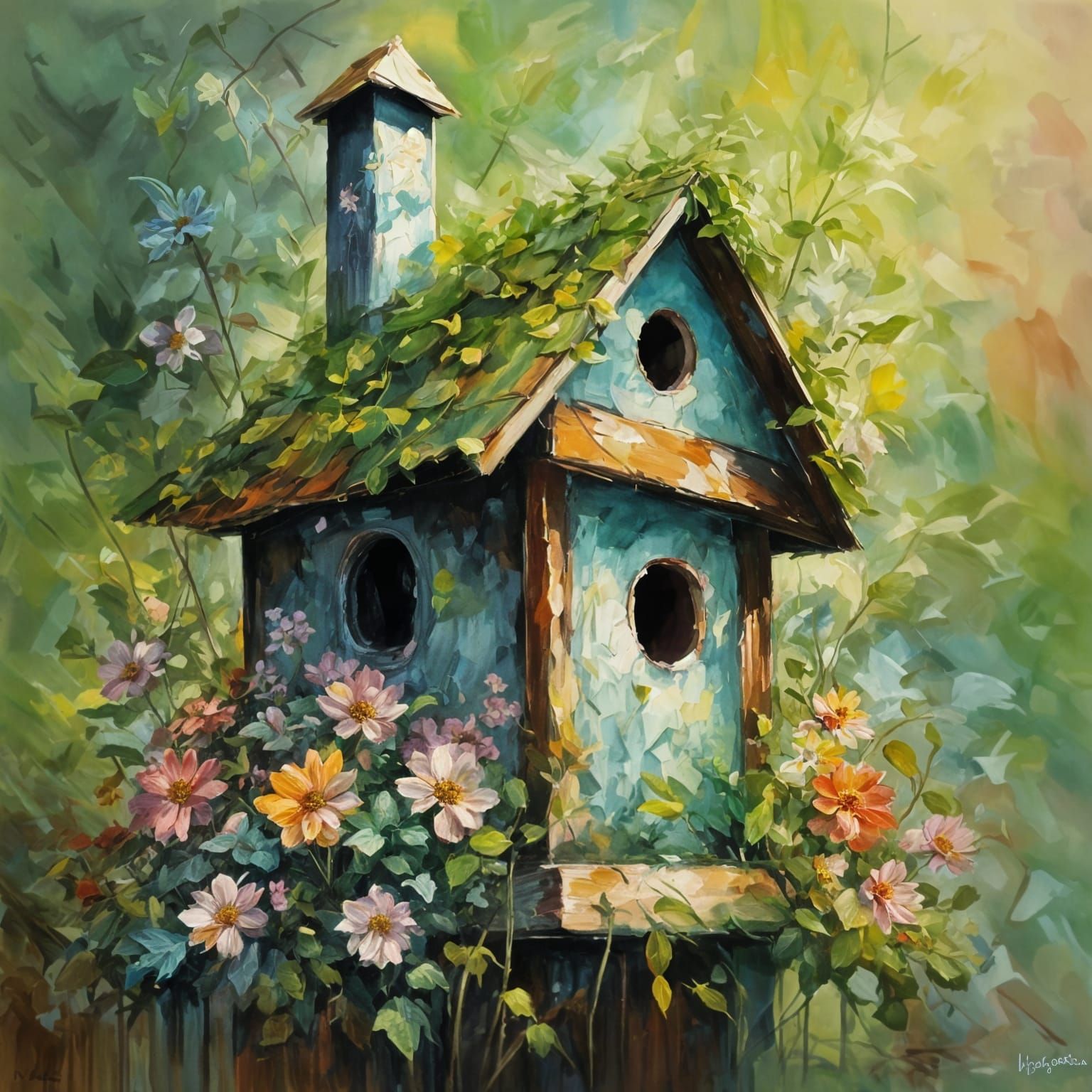 Floral Birdhouse in Neo-Impressionistic Style