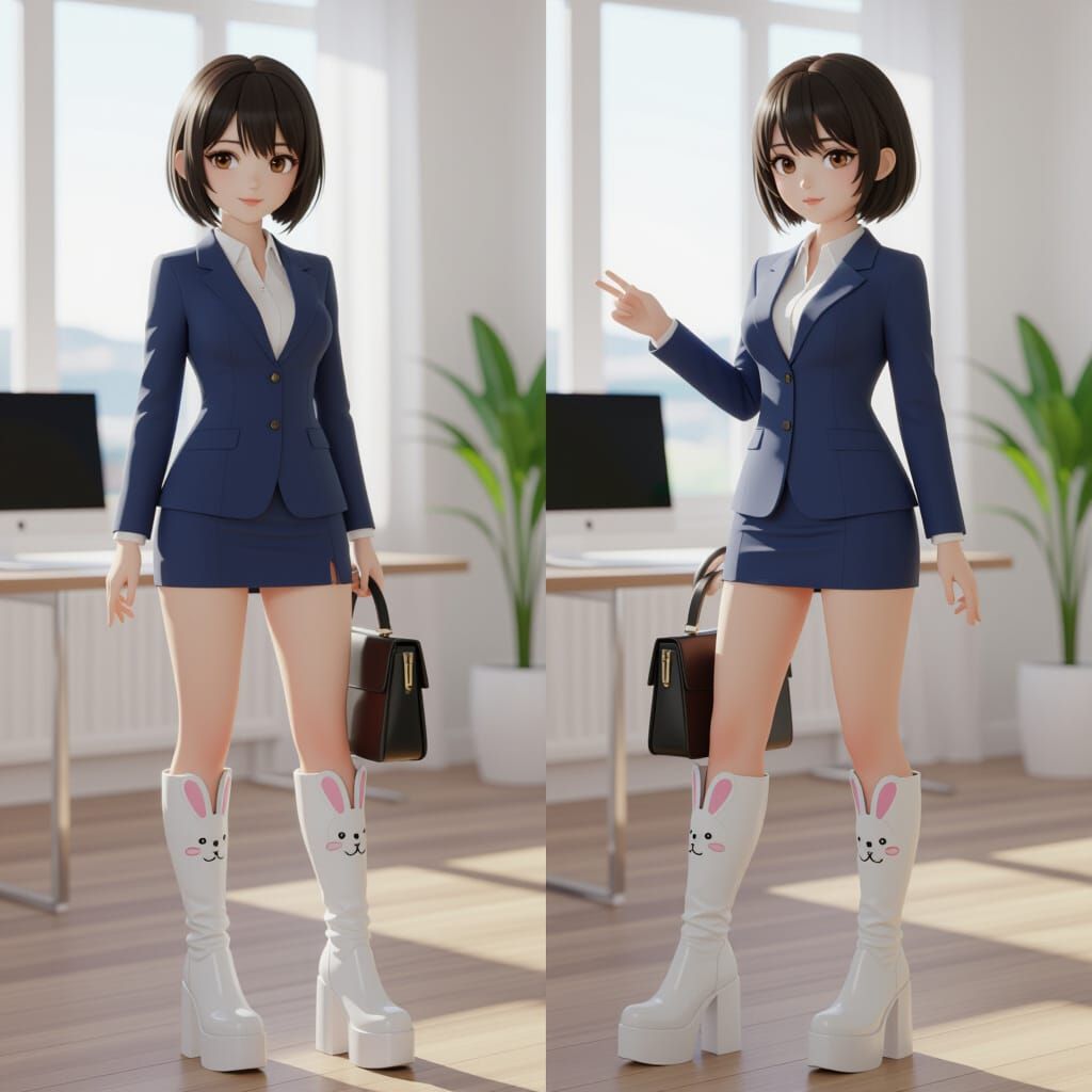 Adorable 3D Anime Woman in Office Suit