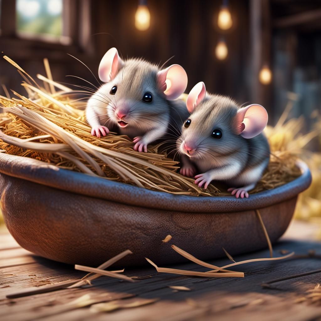 Cute Kawaii Baby Mice in Shoe on Porch