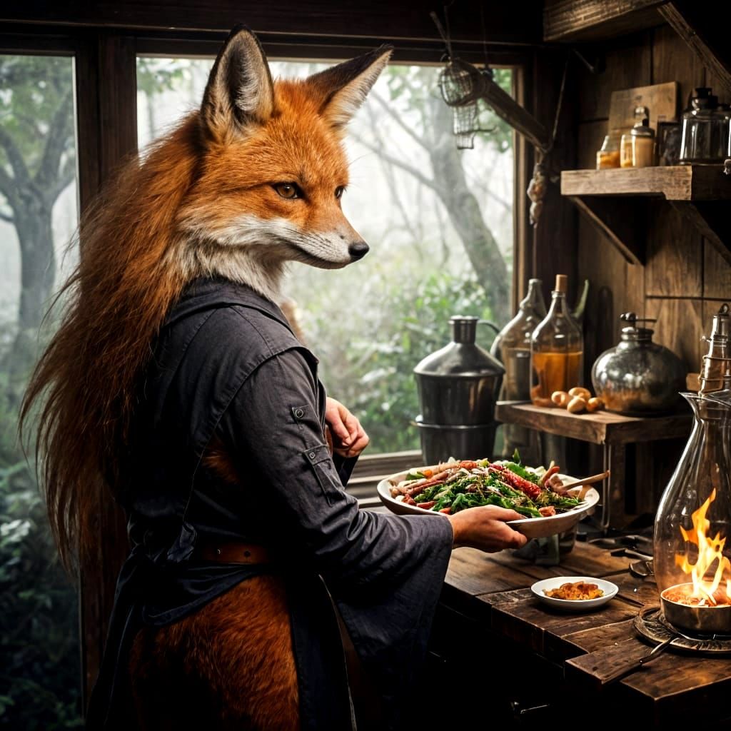 <lora:fox person:1.0> ANTRHO FOX MAKING DINNER AT HOME