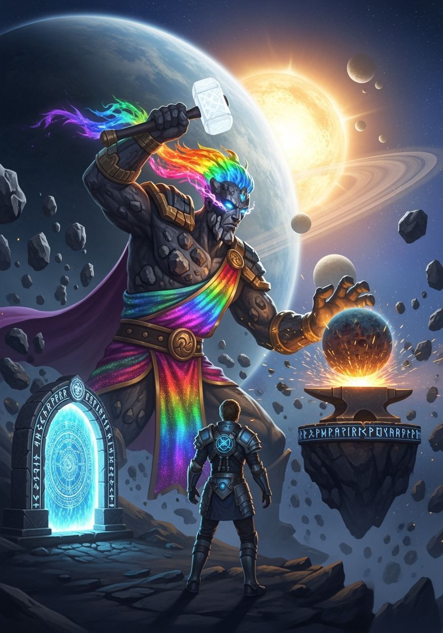 Aetherpunk Warrior Faces Blacksmith God Beside Magic Portal