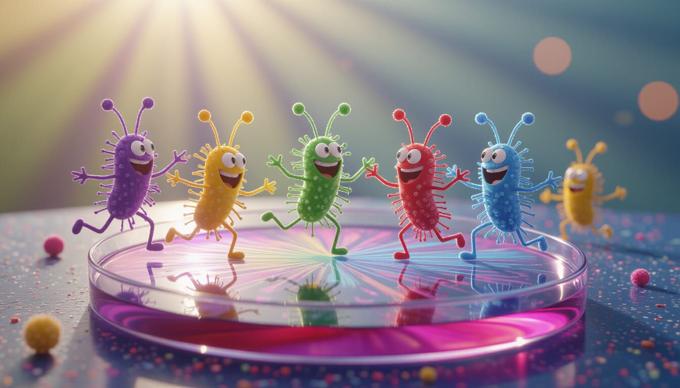 Joyful Microbes Dancing in Vibrant Microscopic Art