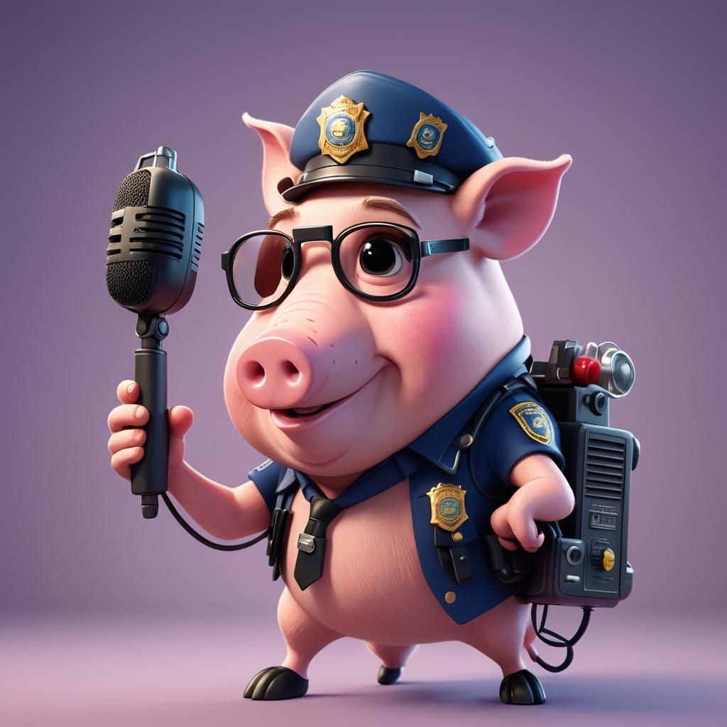 Cartoon Police Pig on Radio: 3D Render