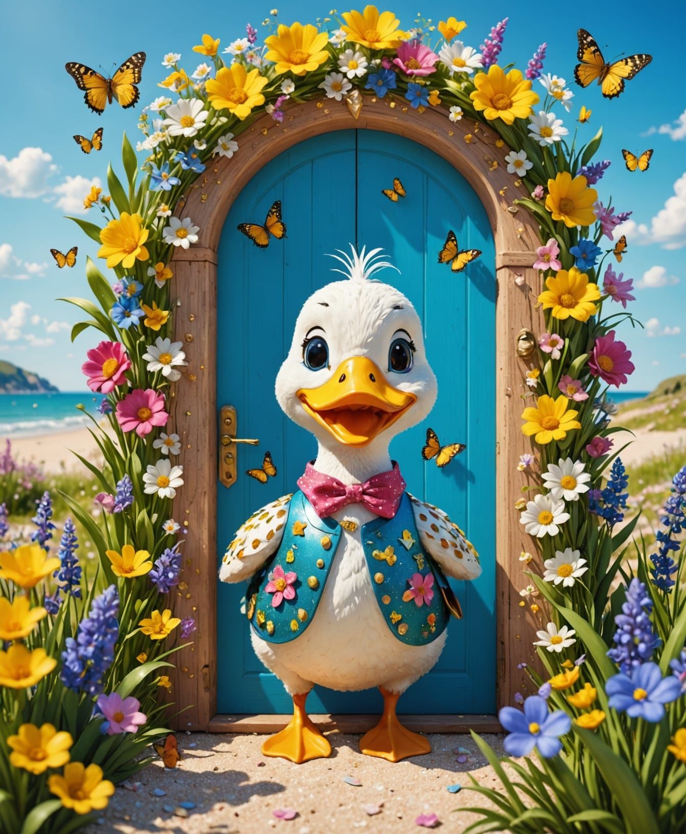 Colorful Beach Door in Sunny Meadow, 3D Render