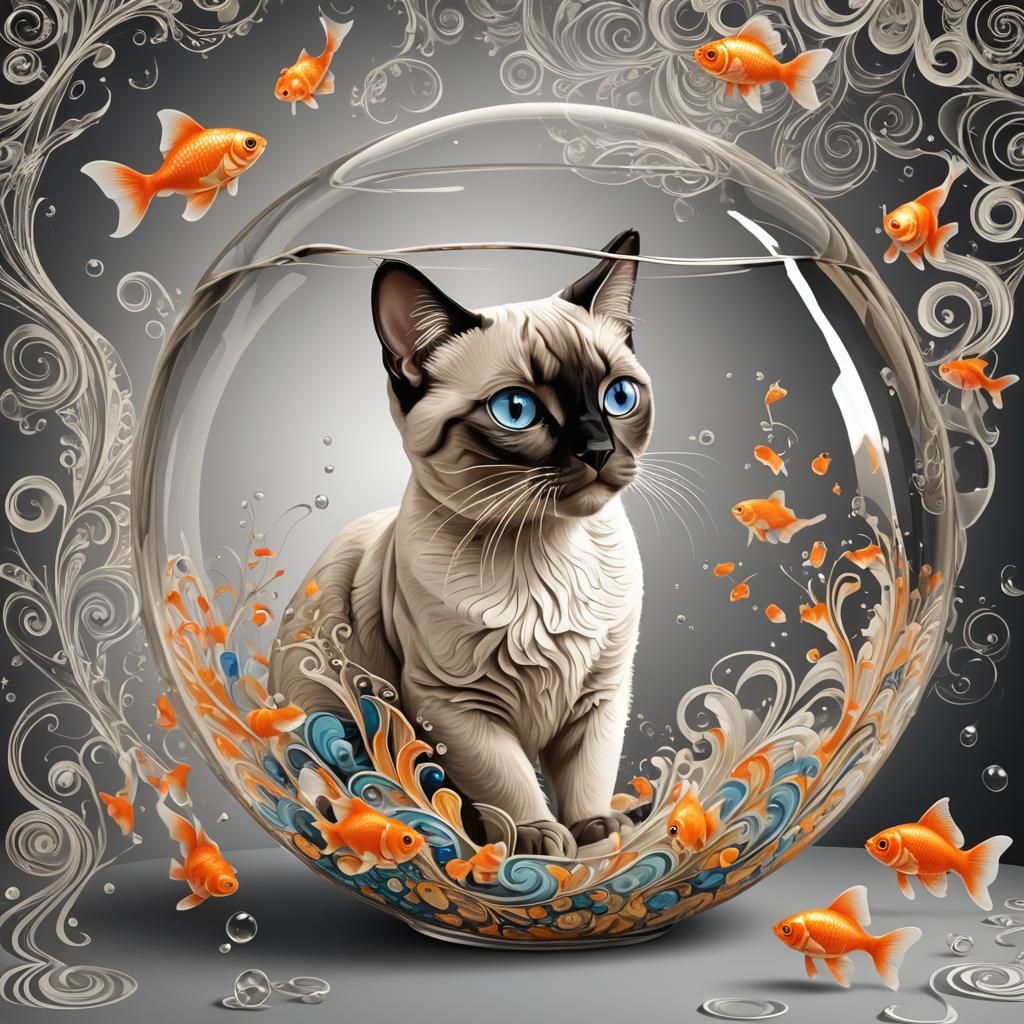 Siamese Cat Gazing at Goldfish: Abstract Vector Art