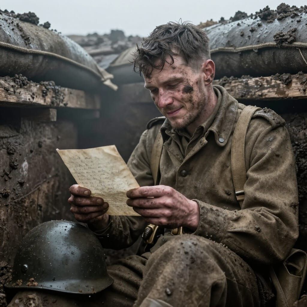 WW1 Soldier Finds Solace Reading Letter in Muddy Trench