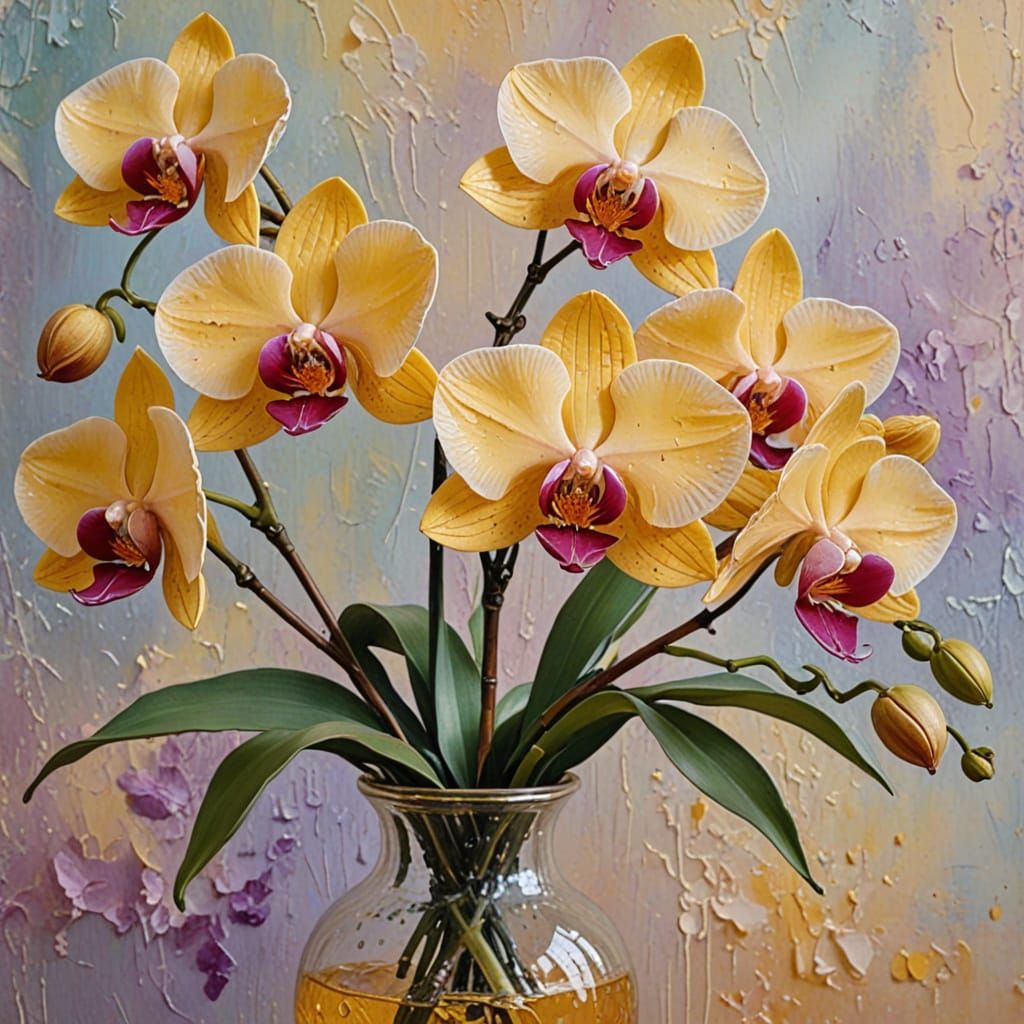 Orchids in Vase: Encaustic Impasto Painting