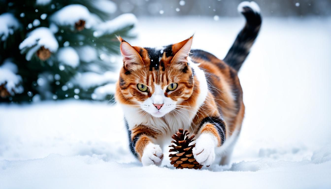 Calico Cat Enjoys Winter Landscape