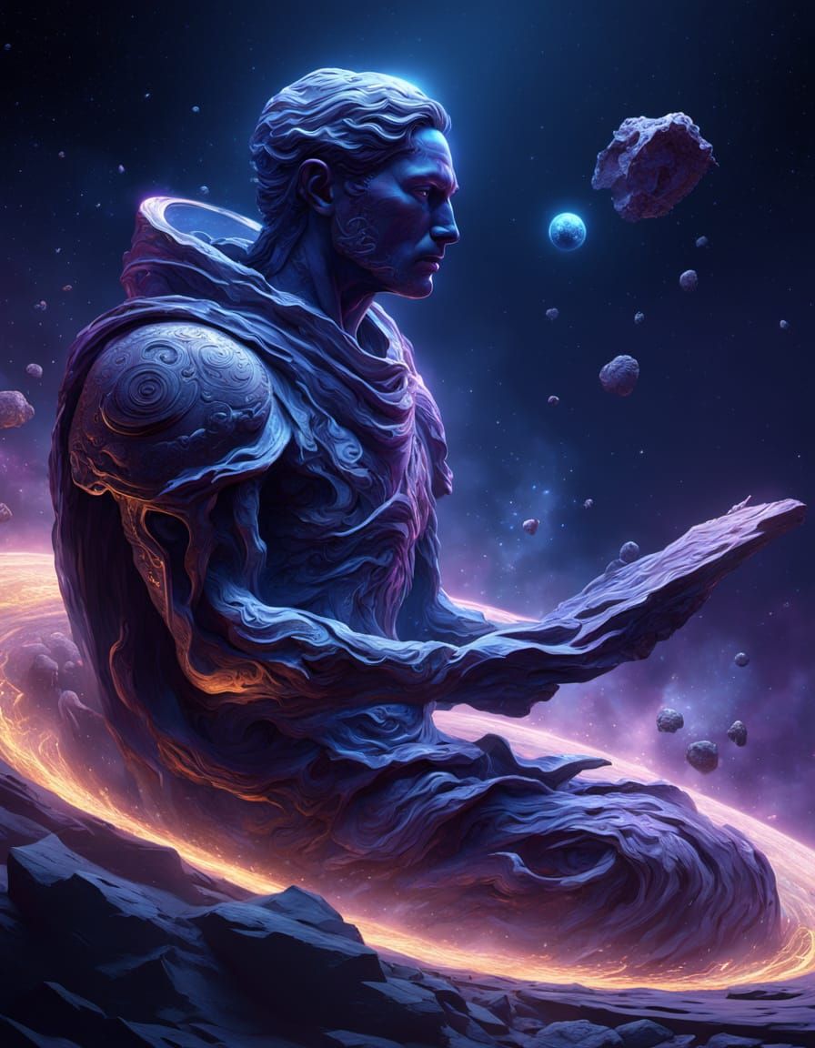 Sculptor Carving Asteroid Statue in Cosmic Nebula