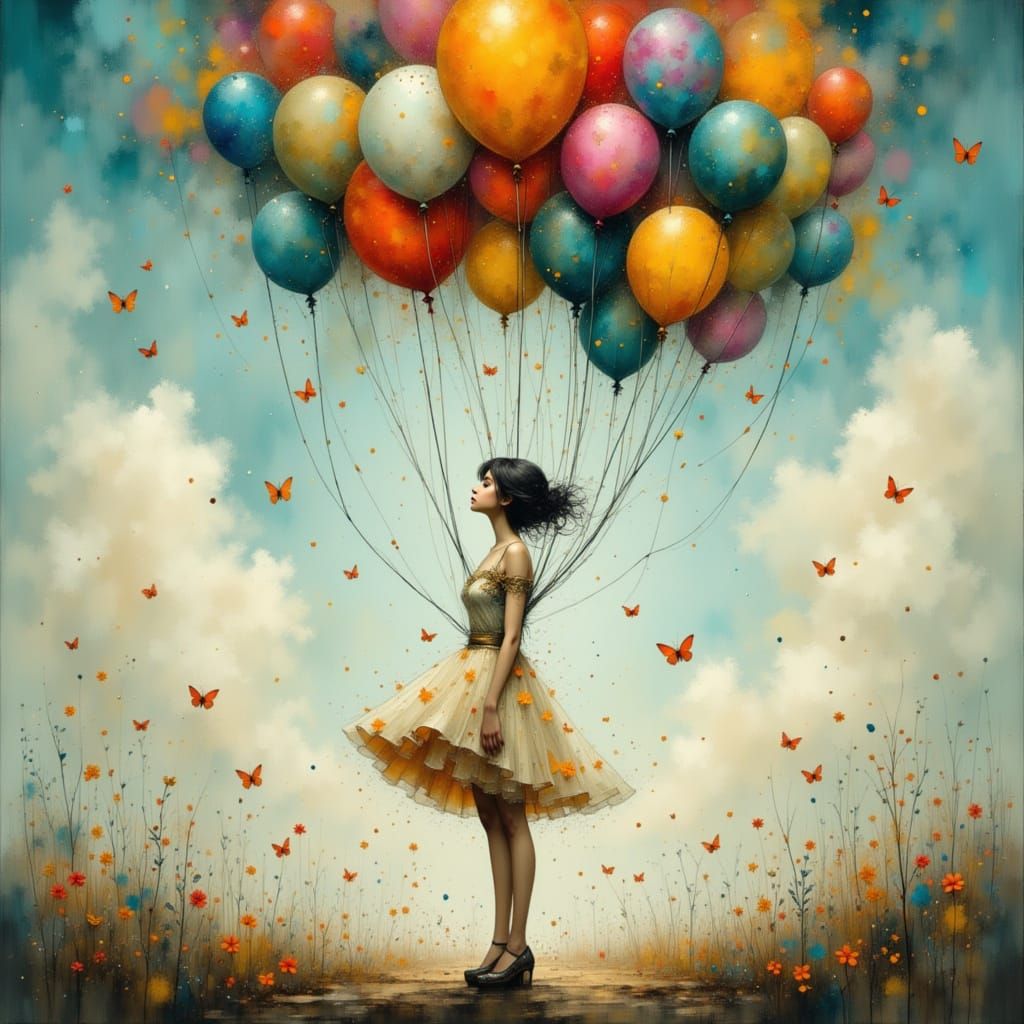 Woman Ascending with Balloons in Digital Art Style