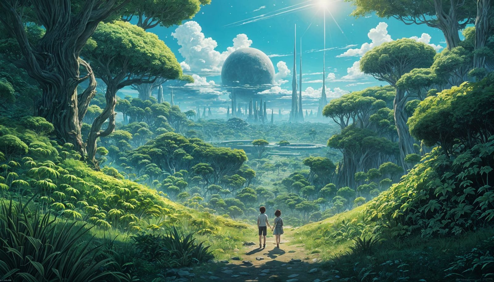 Exoplanet Landscape with Green Sun, Studio Ghibli Style