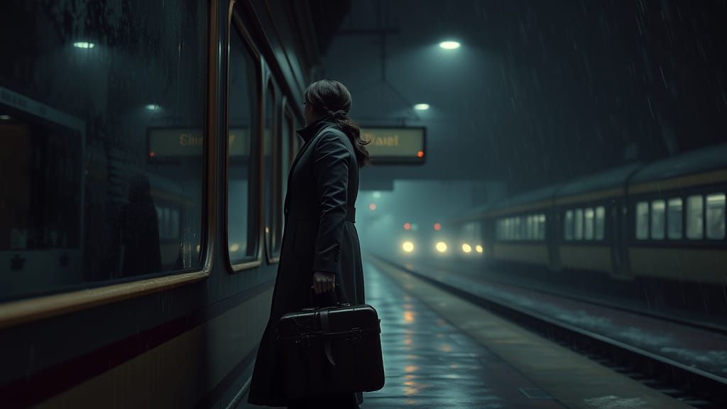 Lonely Woman in Rainy Night Train Station