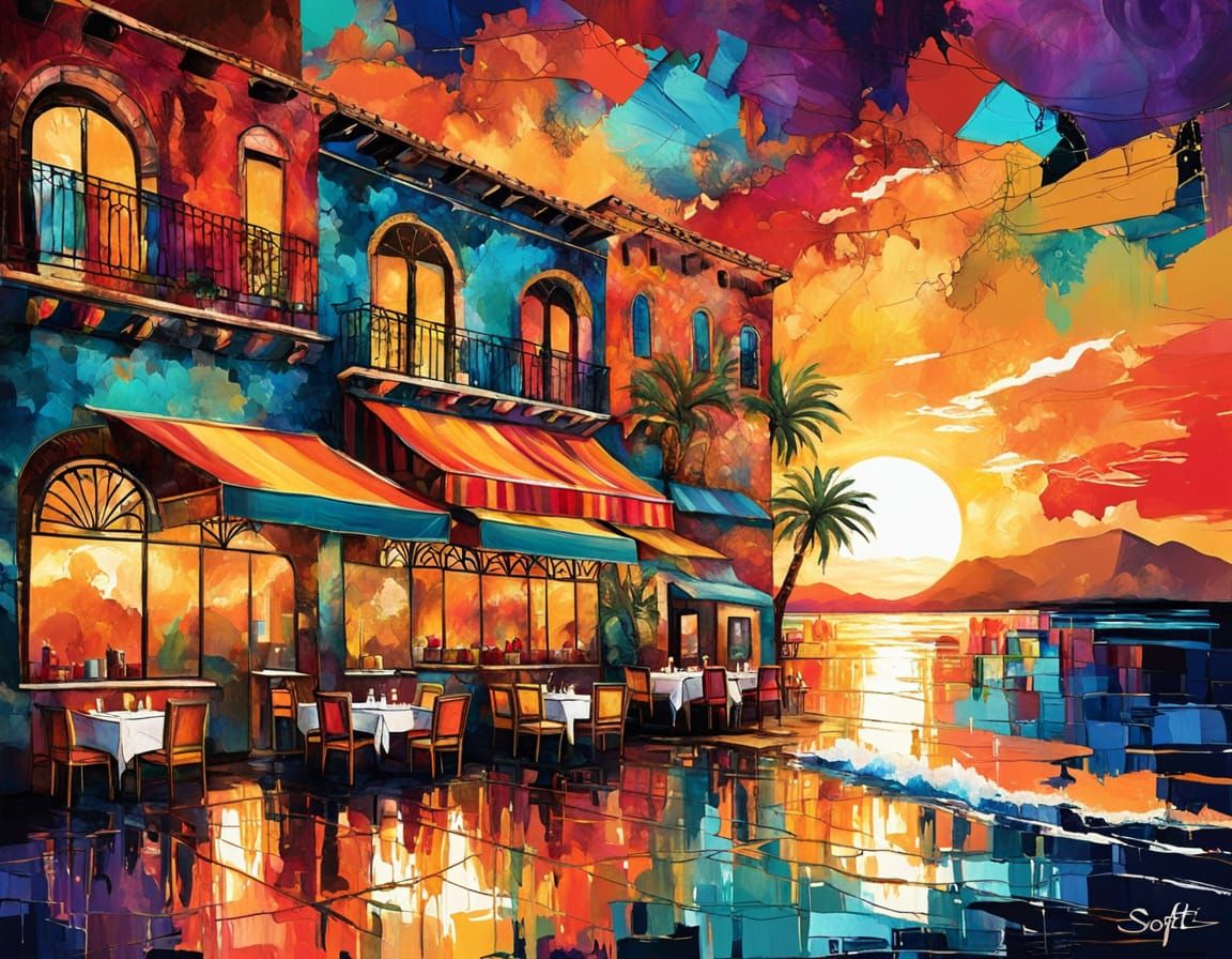Mediterranean Restaurant at Sunset in Mixed Media Art