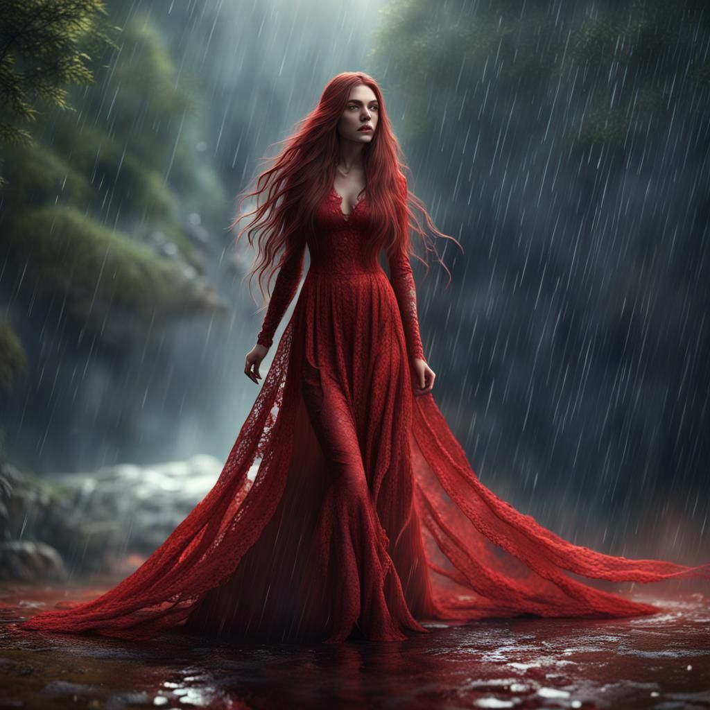 Woman in Red Lace Dress Made of Rain