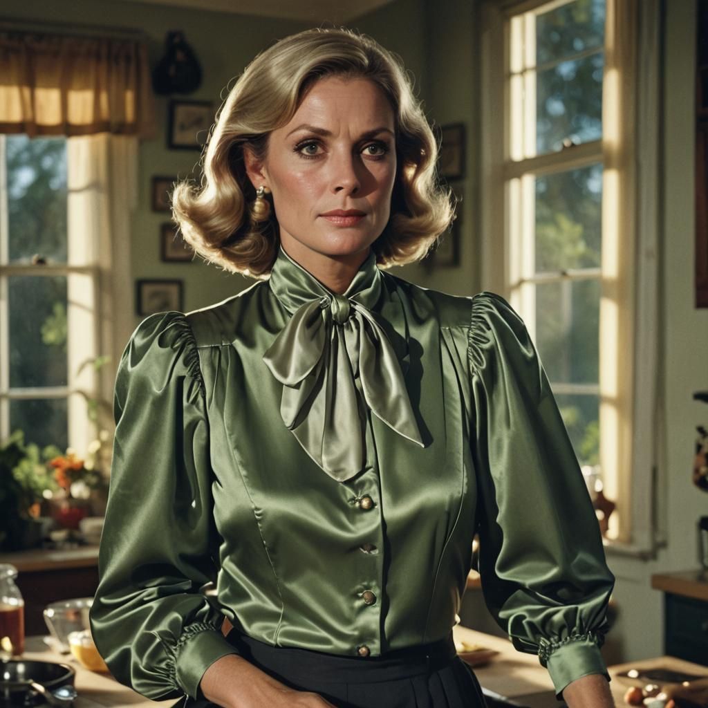 1970s Portrait of a Woman in Satin Blouse