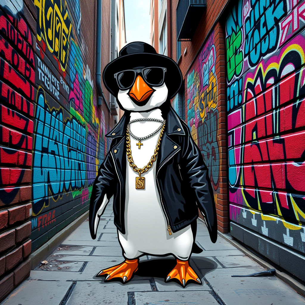 Gangster Penguin Graffiti Art in Urban Alleyway