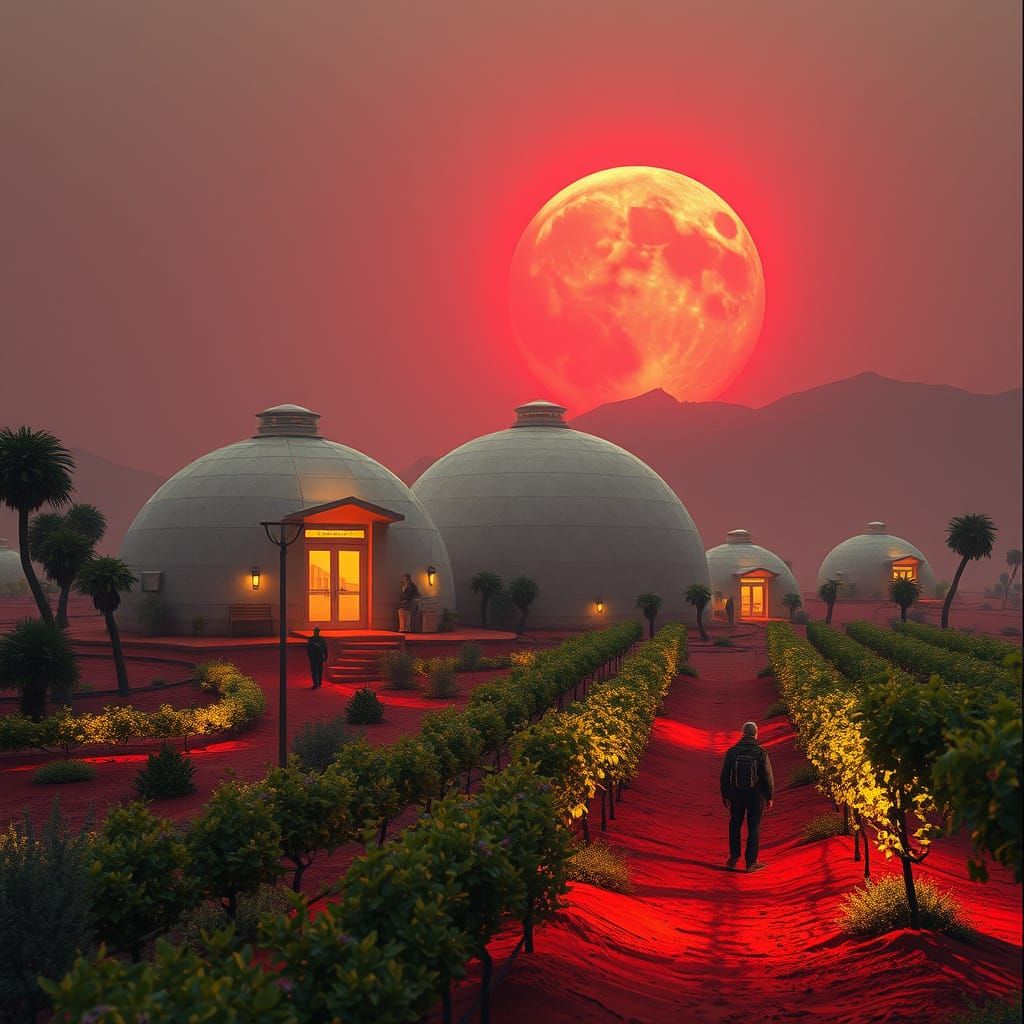 Solarpunk Mars Settlement: Gardens, Vineyards Under Geodesic...