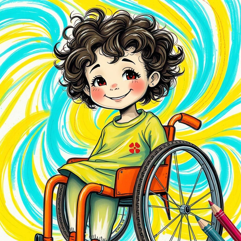 Smiling Girl in Wheelchair with Swirling Colors