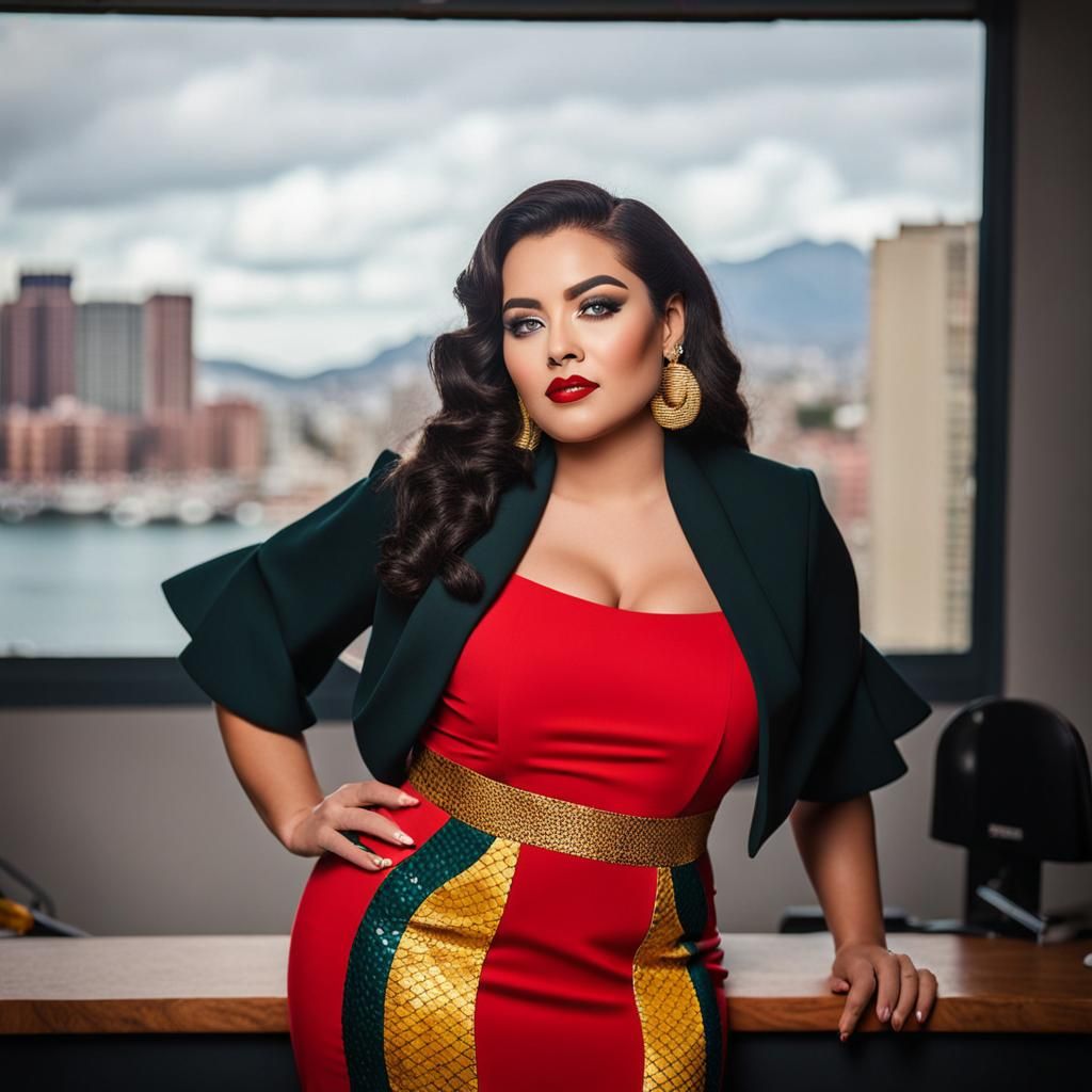 Beautiful Woman in Office with Scale Pattern Outfit