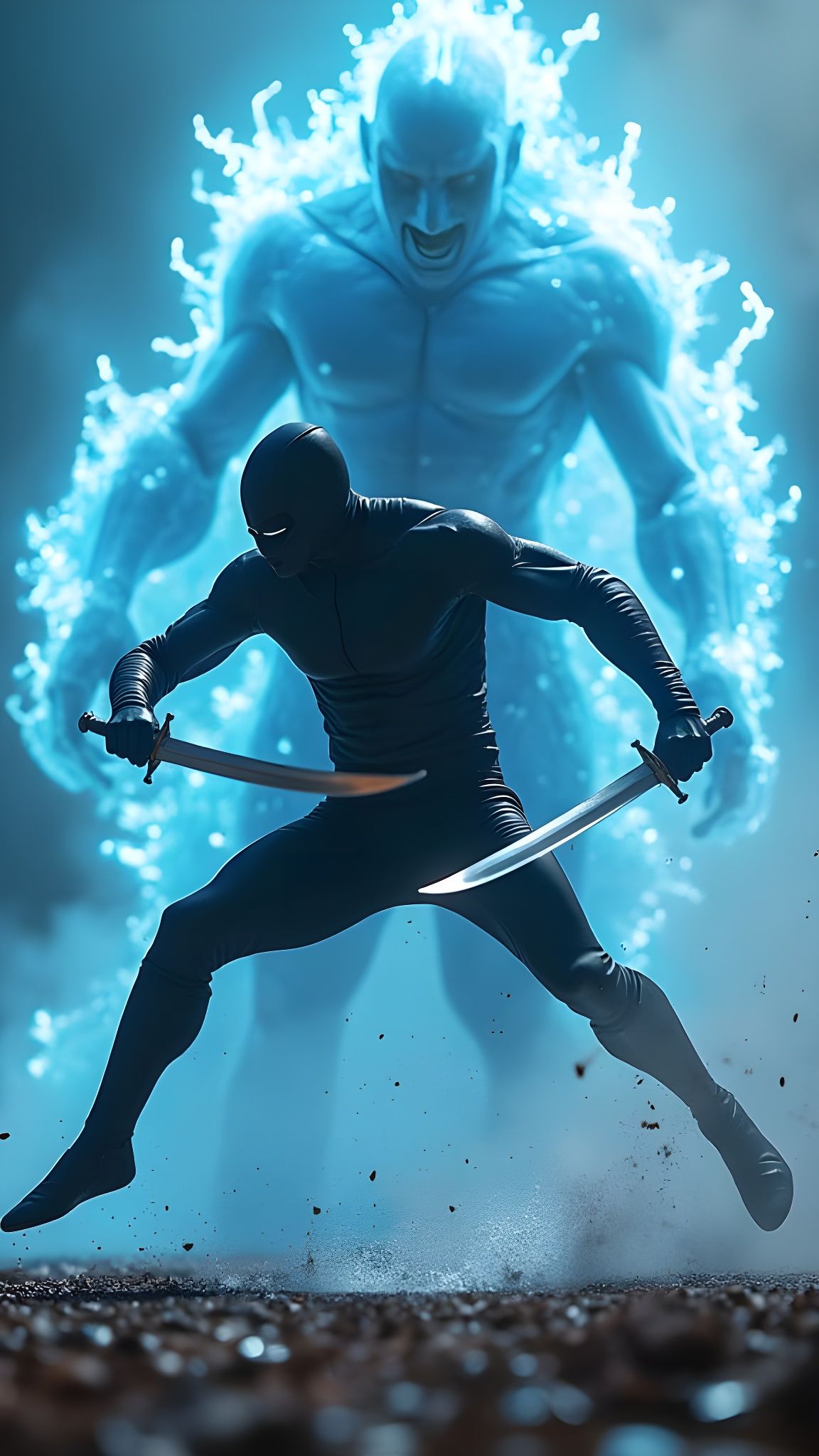 Cinematic Masterpiece: Masked Warrior Battles Colossal Brute