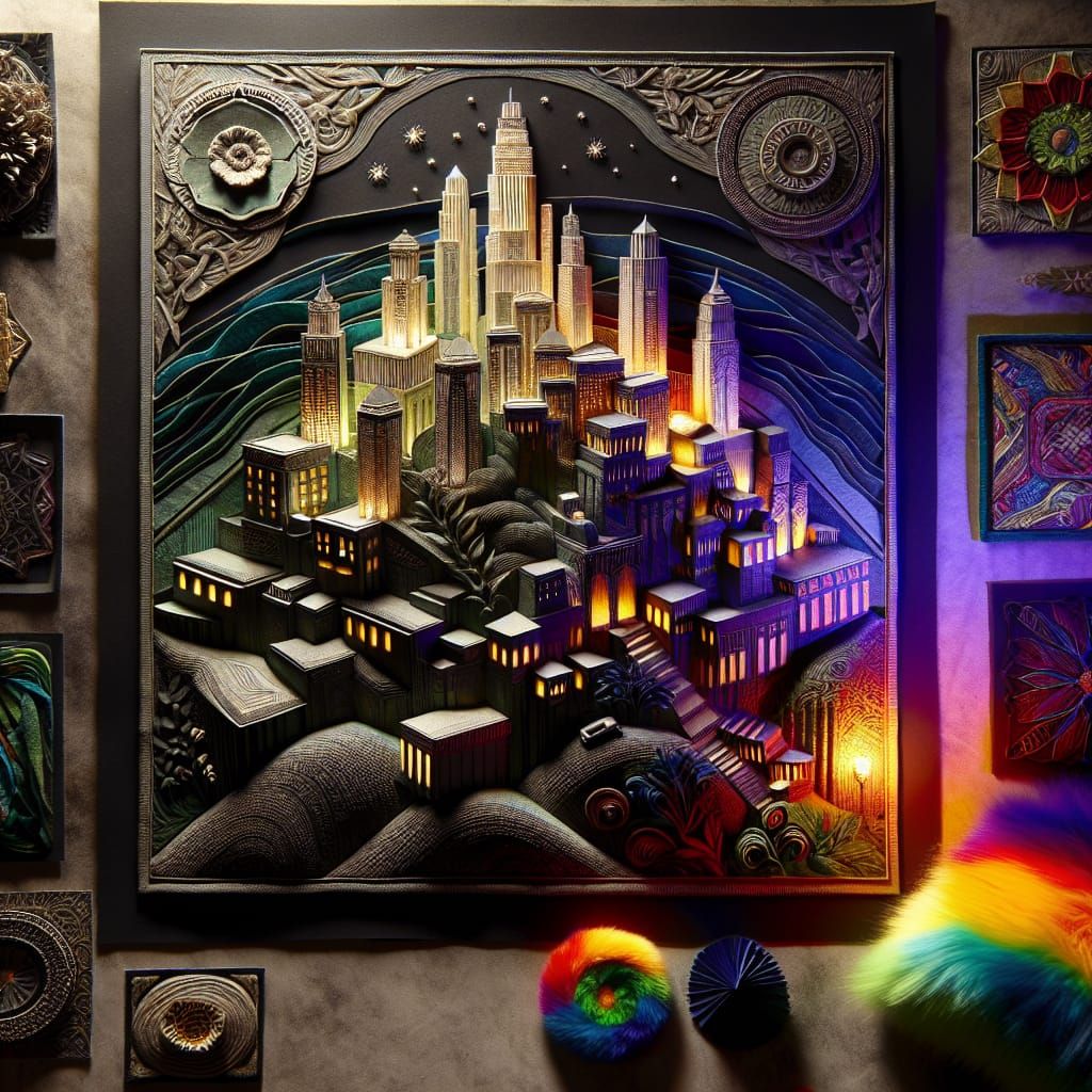 Glowing Metropolis on a Hill with Rainbow Rug