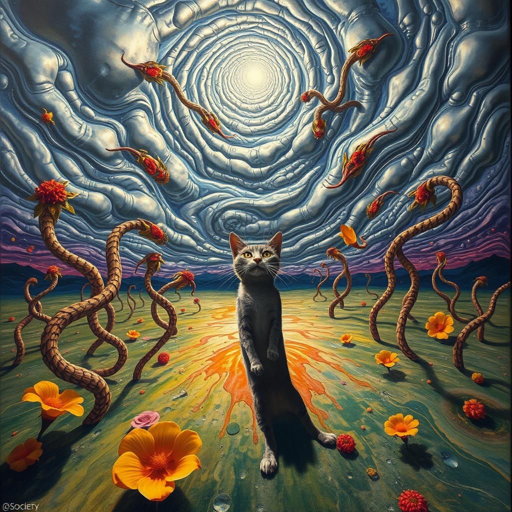 Cat in Surreal Landscape with Elastic Flora