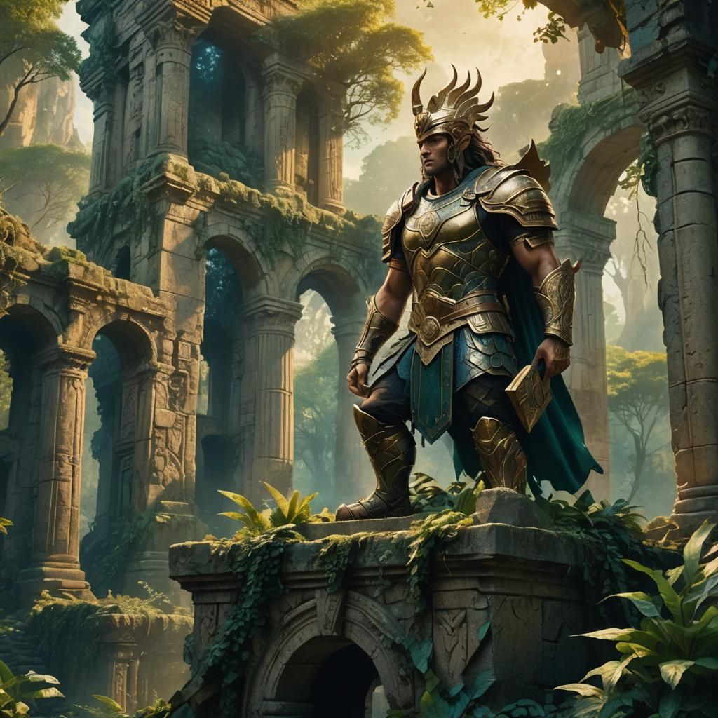Mythical Warrior on Ancient Ruins in Golden Light